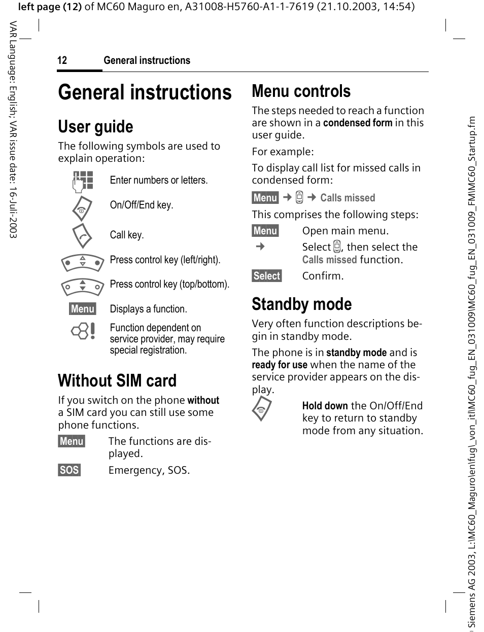 General instructions, User guide, Without sim card | Menu controls, Standby mode, Menu controls standby mode | Siemens MC60 User Manual | Page 13 / 118