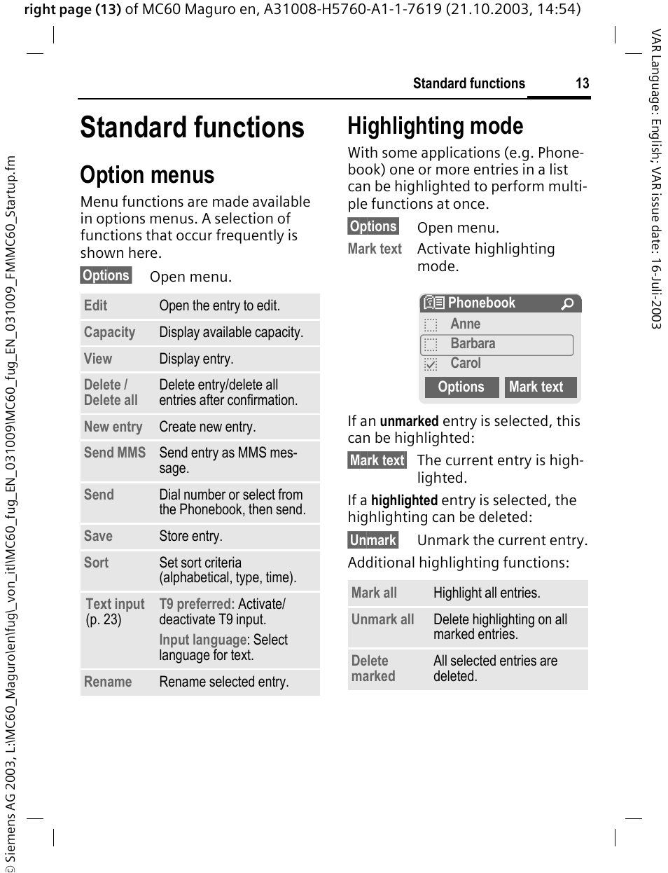 Standard functions, Option menus, Highlighting mode | Siemens MC60 User Manual | Page 14 / 118