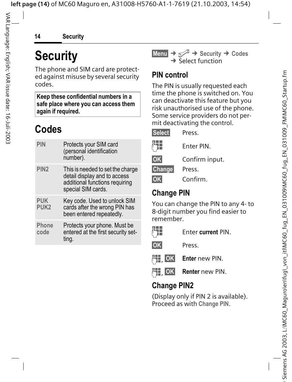 Security, Codes, Pin control | Change pin, Change pin2 | Siemens MC60 User Manual | Page 15 / 118