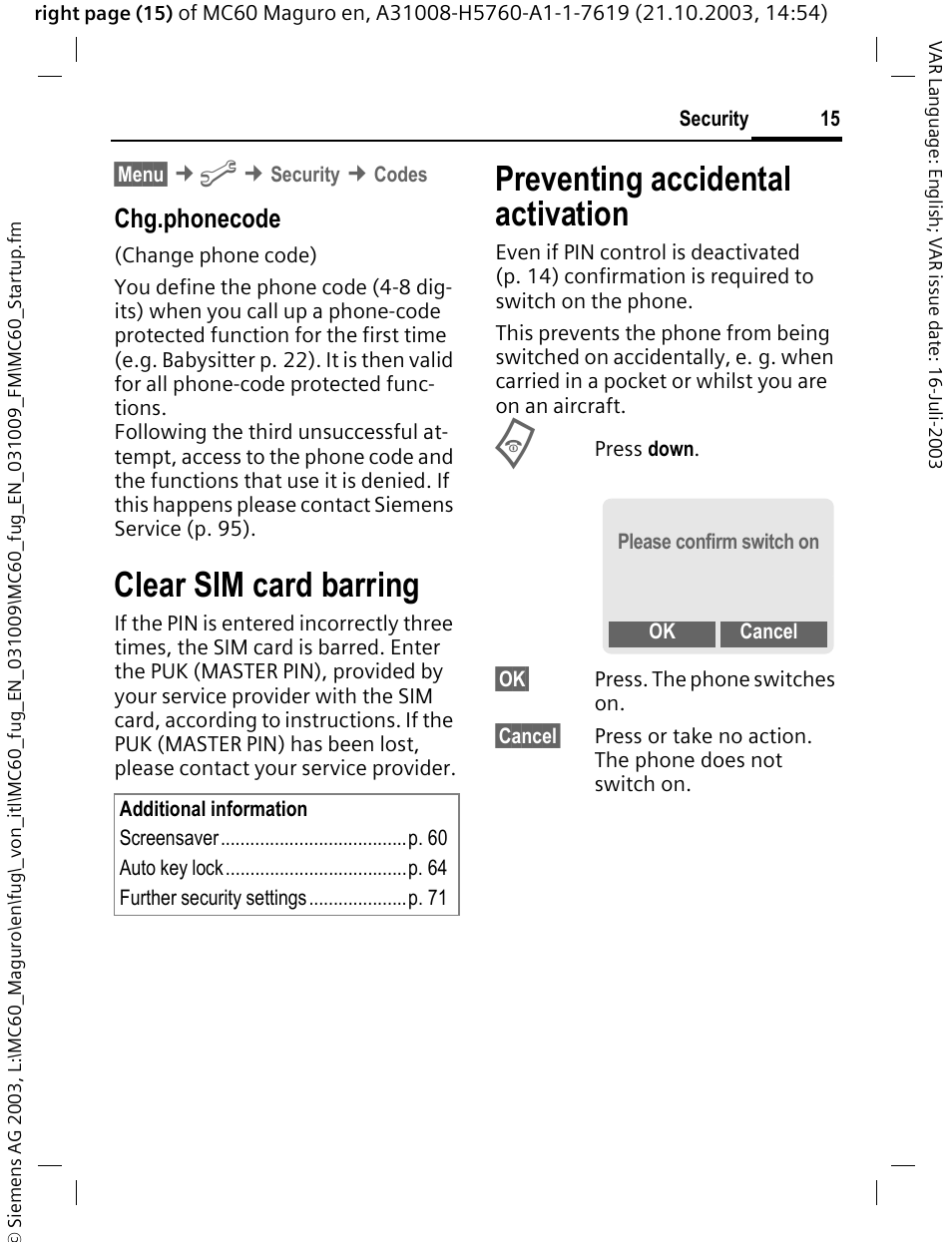 Preventing accidental activation, Clear sim card barring, Chg.phonecode | Siemens MC60 User Manual | Page 16 / 118