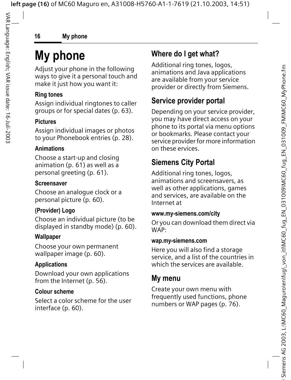 My phone, Where do i get what, Service provider portal | Siemens city portal, My menu | Siemens MC60 User Manual | Page 17 / 118
