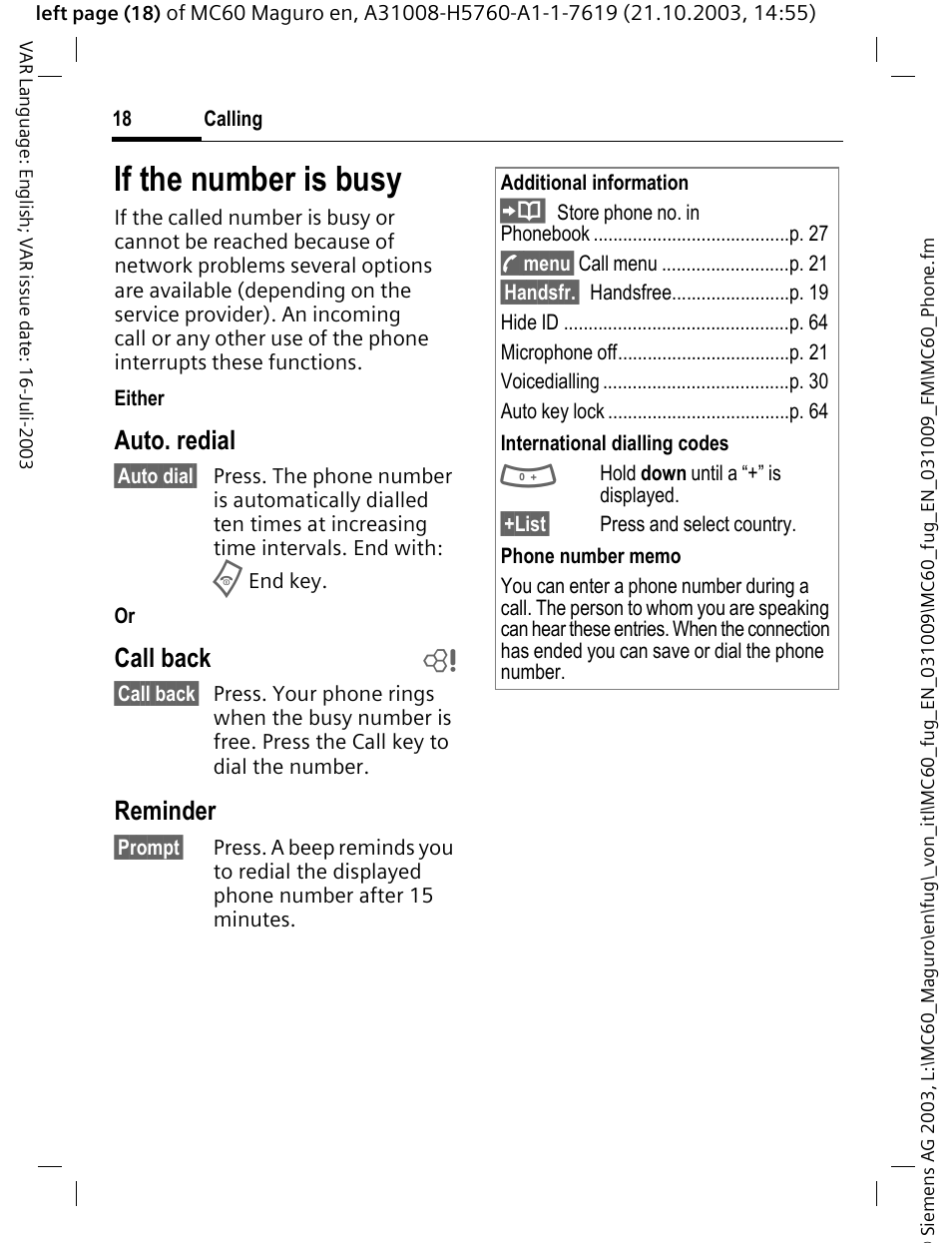 If the number is busy, Auto. redial, Call back b | Reminder | Siemens MC60 User Manual | Page 19 / 118