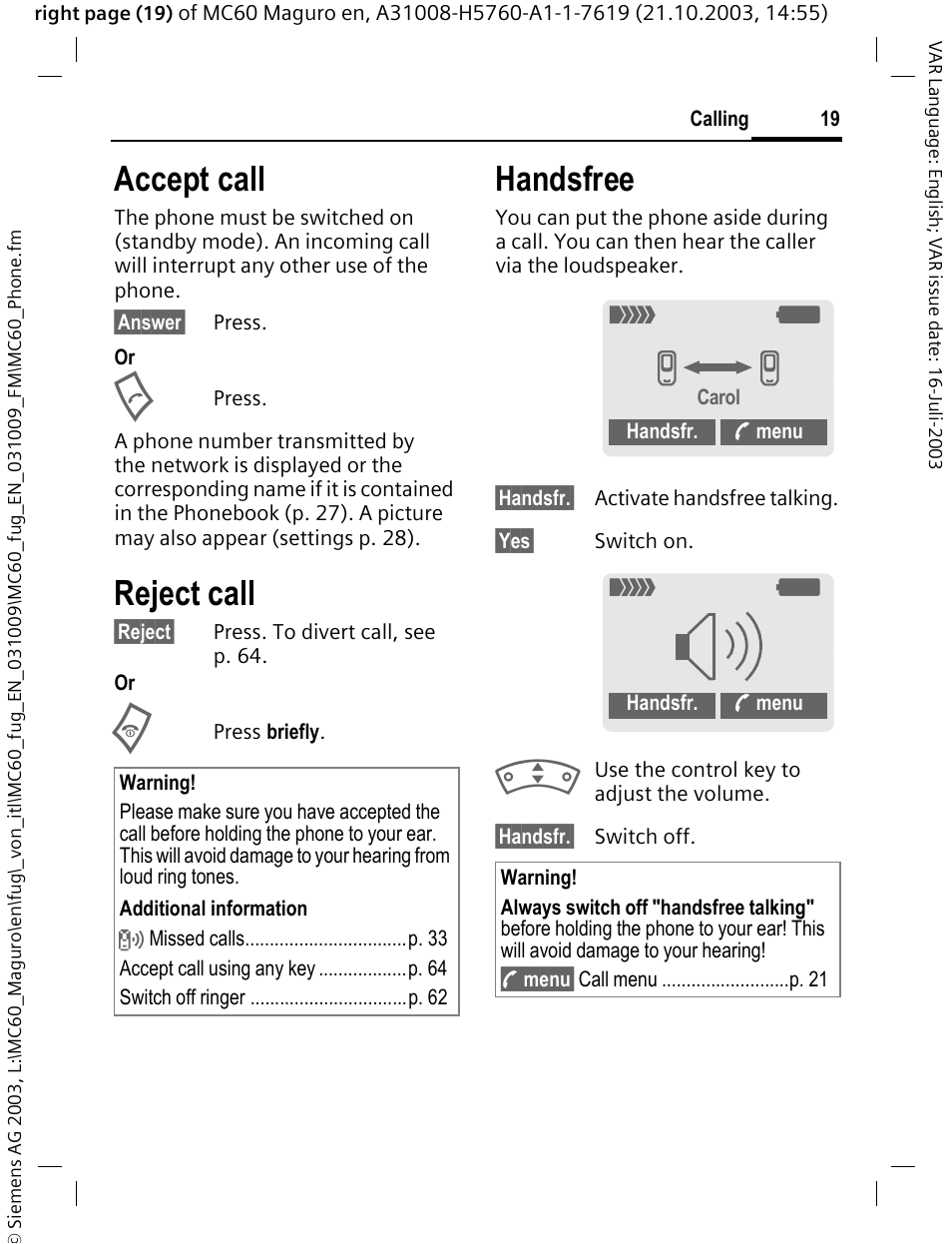 Accept call, Reject call, Handsfree | P. 19 | Siemens MC60 User Manual | Page 20 / 118