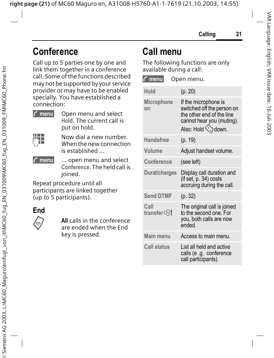 Conference, Call menu, P. 21 | Siemens MC60 User Manual | Page 22 / 118