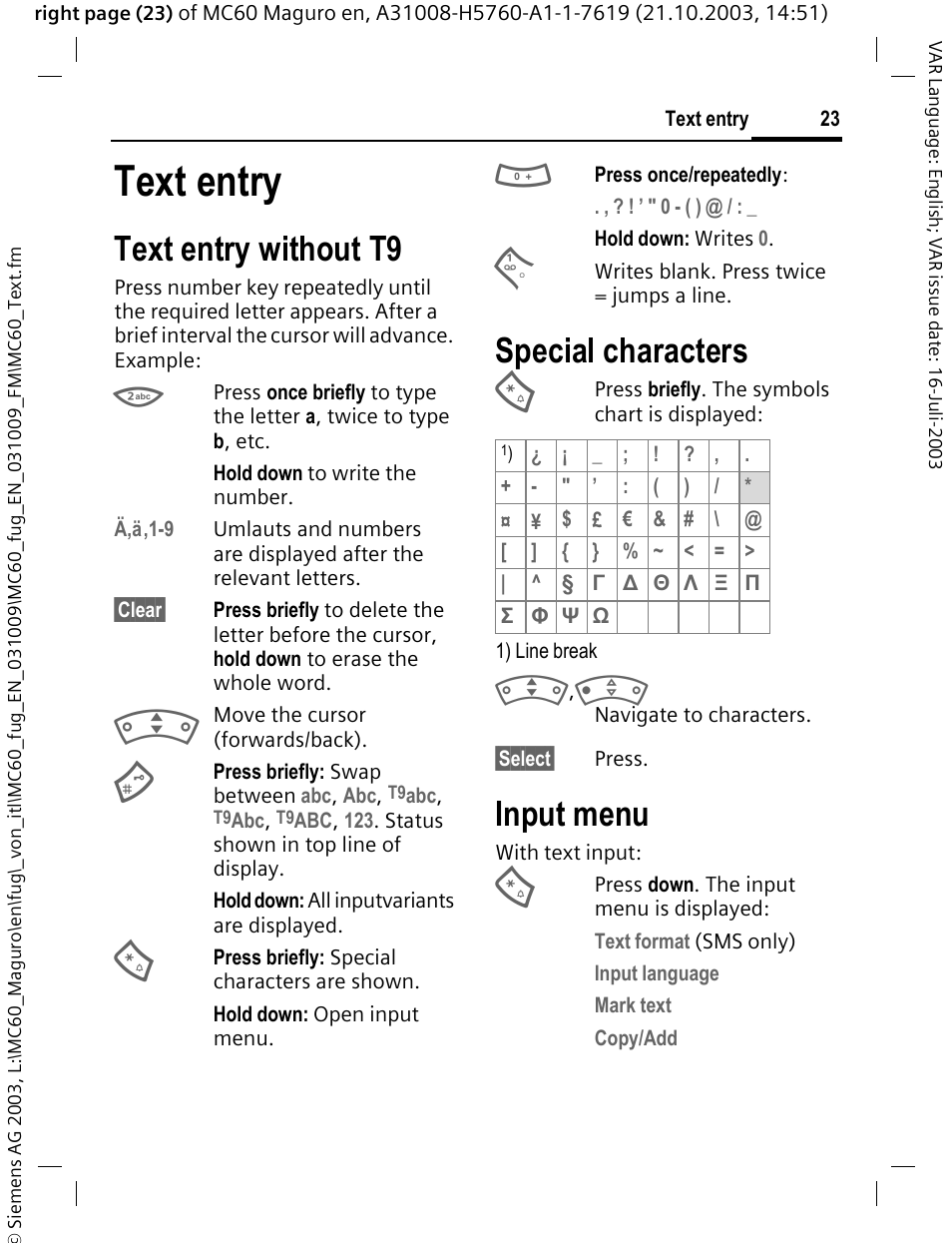 Text entry, Text entry without t9, Special characters | Input menu | Siemens MC60 User Manual | Page 24 / 118
