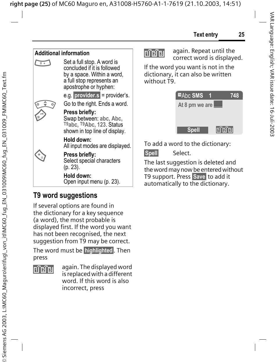T9 word suggestions | Siemens MC60 User Manual | Page 26 / 118