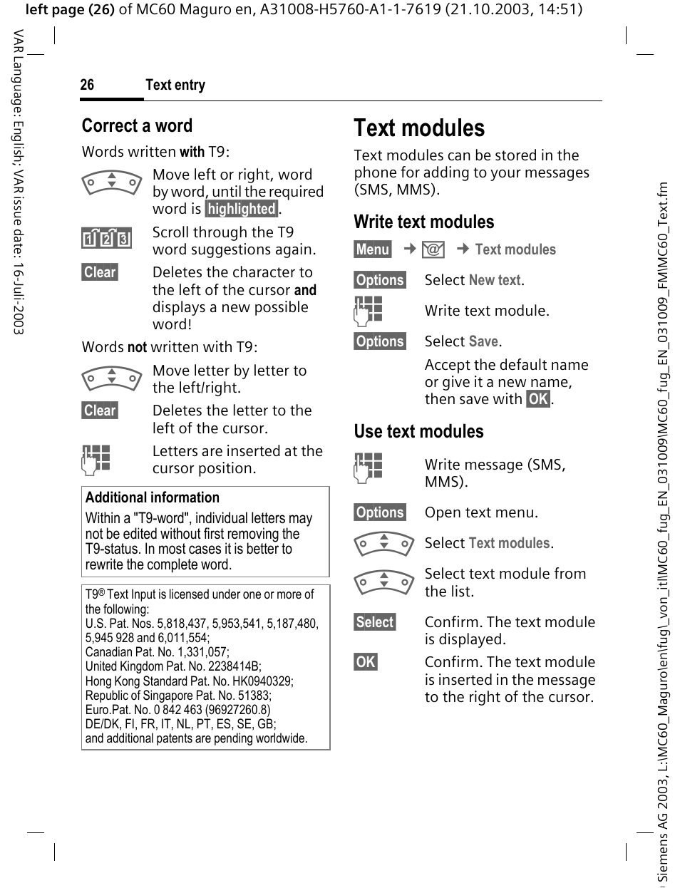 Text modules, Correct a word, Write text modules | Use text modules | Siemens MC60 User Manual | Page 27 / 118