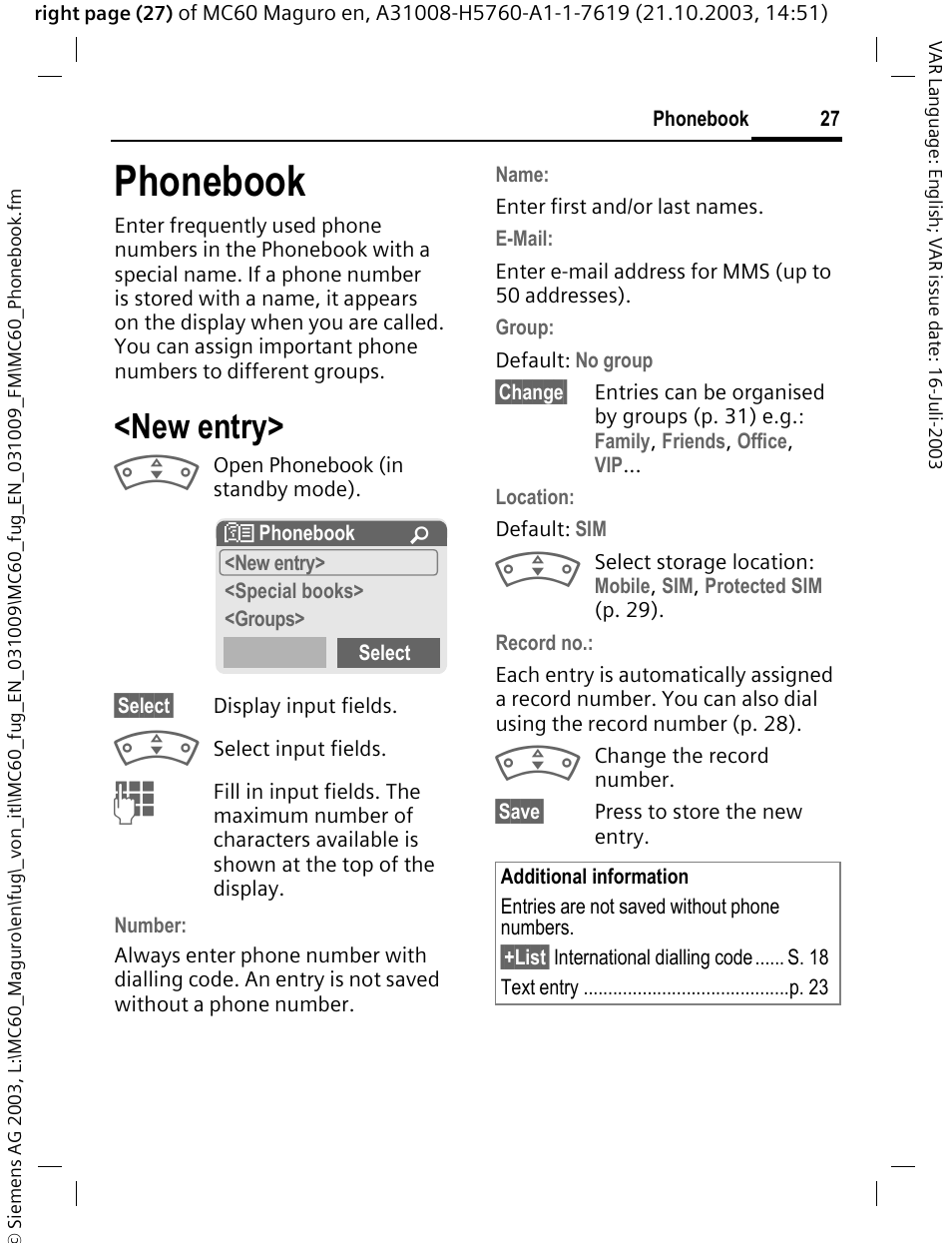 Phonebook, New entry, P. 27 | K (p. 27). a picture | Siemens MC60 User Manual | Page 28 / 118