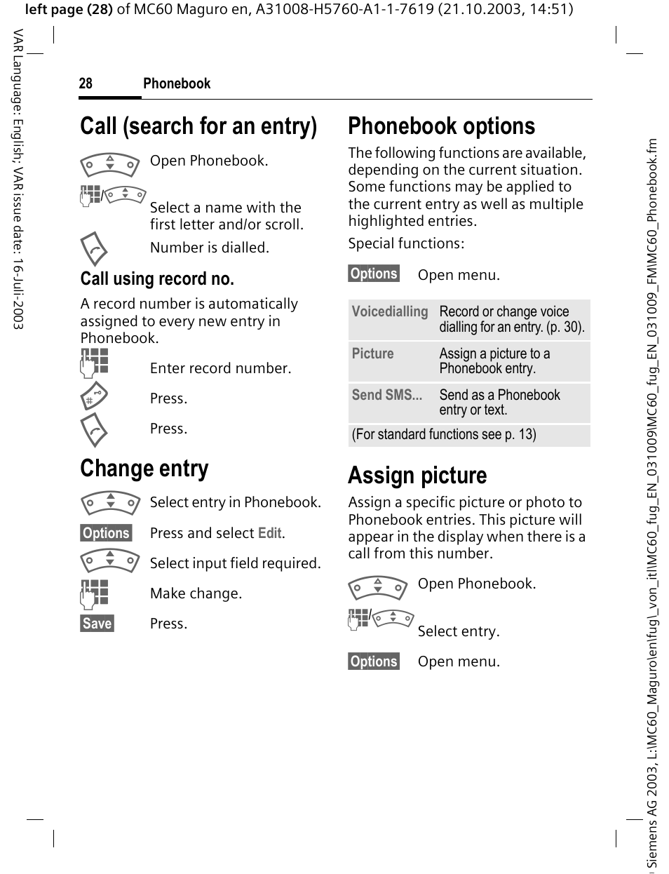 Call (search for an entry), Change entry, Assign picture | P. 28), Ngs p. 28), Mber (p. 28), Phonebook options | Siemens MC60 User Manual | Page 29 / 118