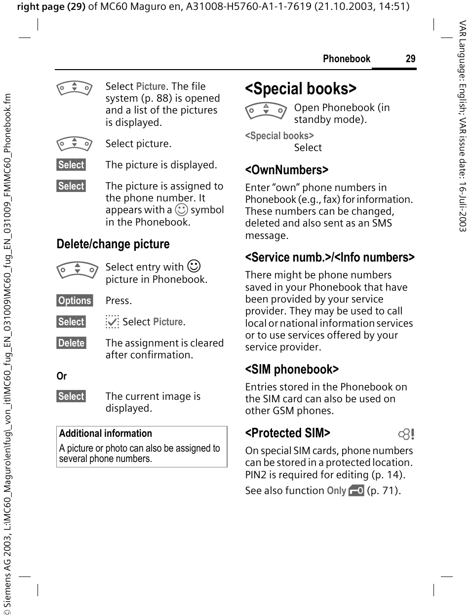 Special books, P. 29), Delete/change picture | Ownnumbers, Service numb.>/<info numbers, Sim phonebook, Protected sim> b | Siemens MC60 User Manual | Page 30 / 118