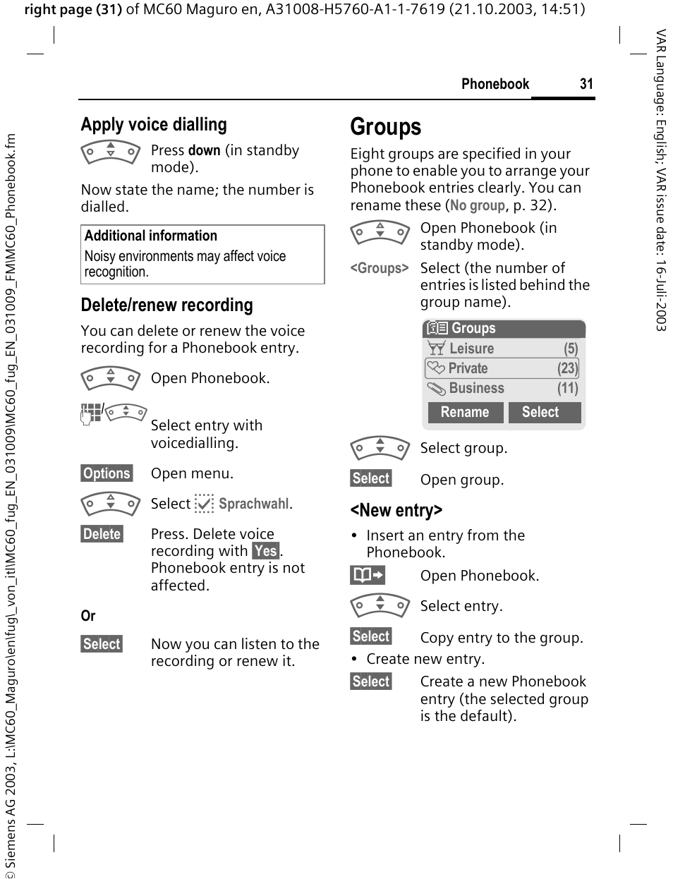 Groups, By groups (p. 31) e.g, Apply voice dialling | Delete/renew recording, New entry | Siemens MC60 User Manual | Page 32 / 118