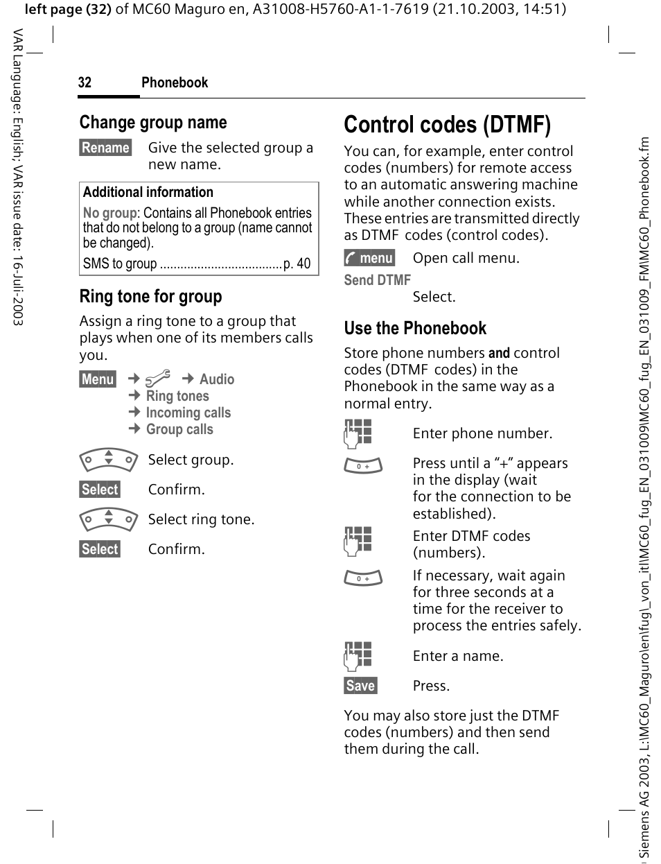Control codes (dtmf), P. 32), Change group name | Ring tone for group, Use the phonebook | Siemens MC60 User Manual | Page 33 / 118