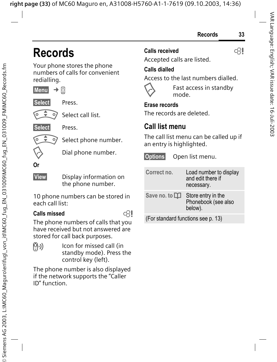 Records, P. 33, Call list menu | Siemens MC60 User Manual | Page 34 / 118