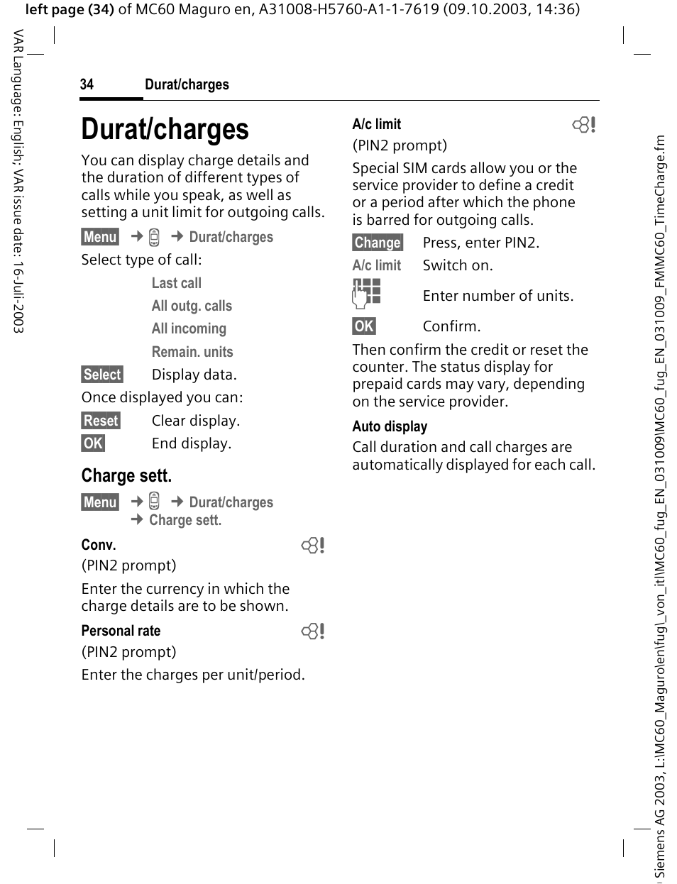 Durat/charges, P. 34) cos, Charge sett | Siemens MC60 User Manual | Page 35 / 118