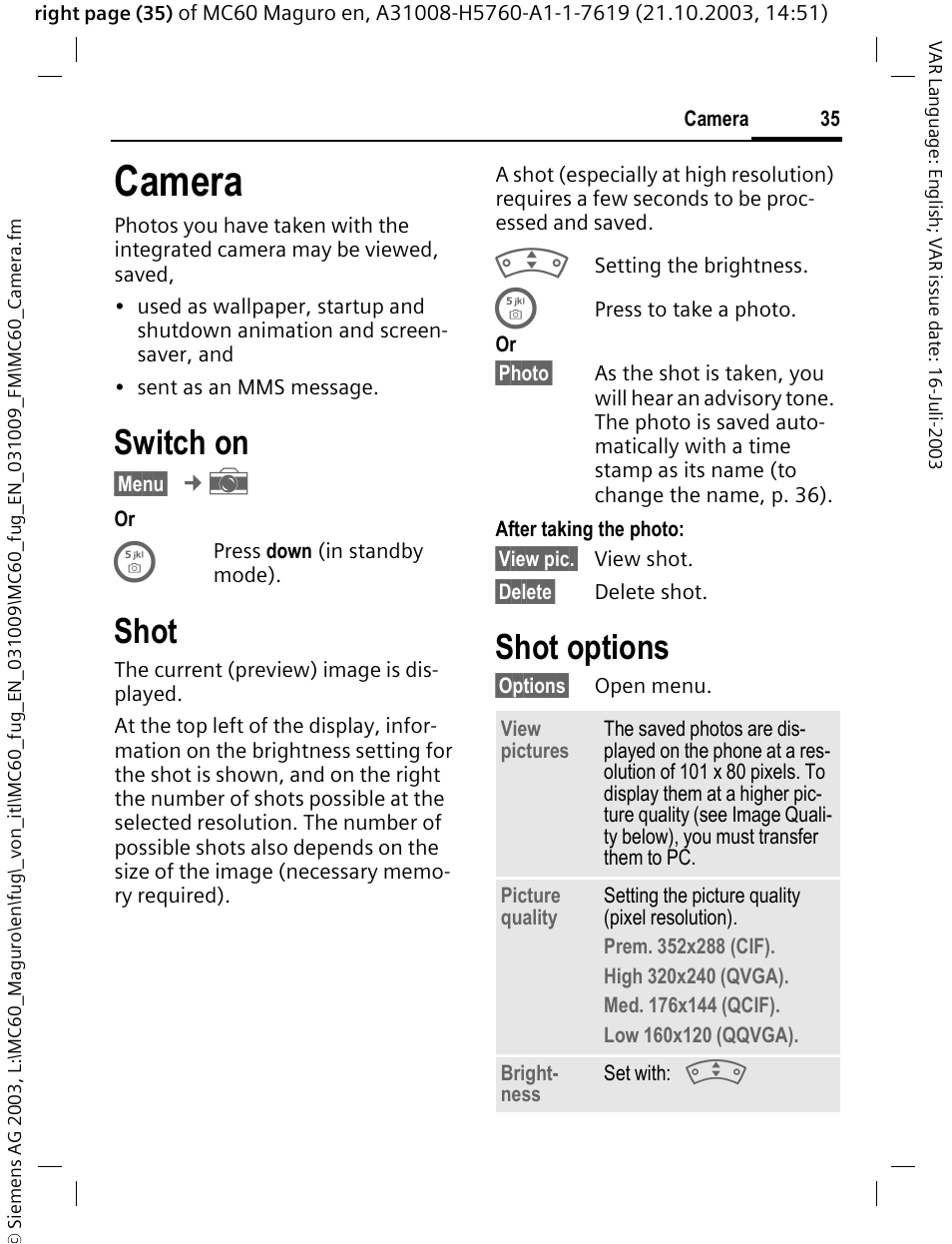 Camera, Switch on, Shot | Shot options | Siemens MC60 User Manual | Page 36 / 118