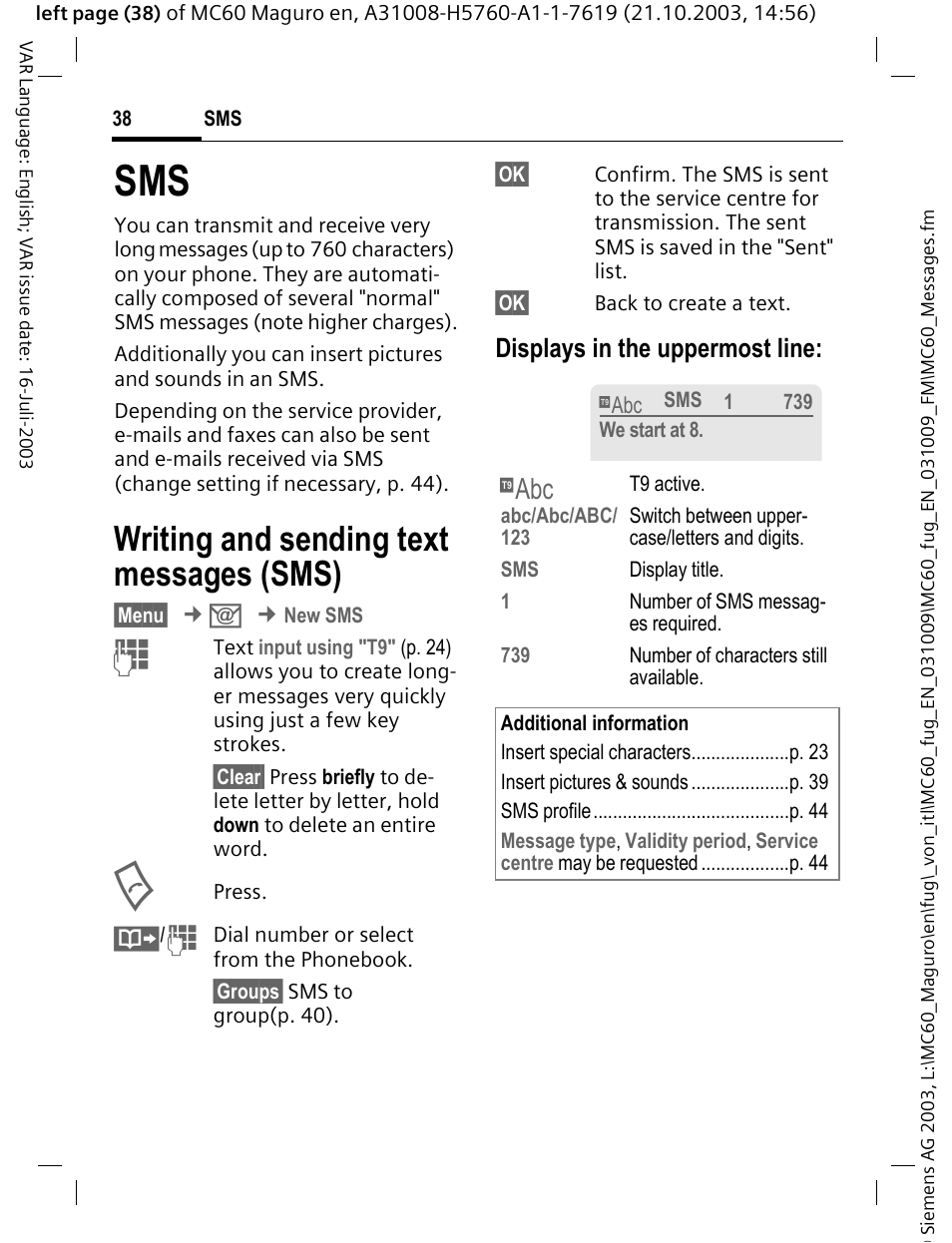 Writing and sending text messages (sms), Writing and sending text, Messages (sms) | Displays in the uppermost line | Siemens MC60 User Manual | Page 39 / 118