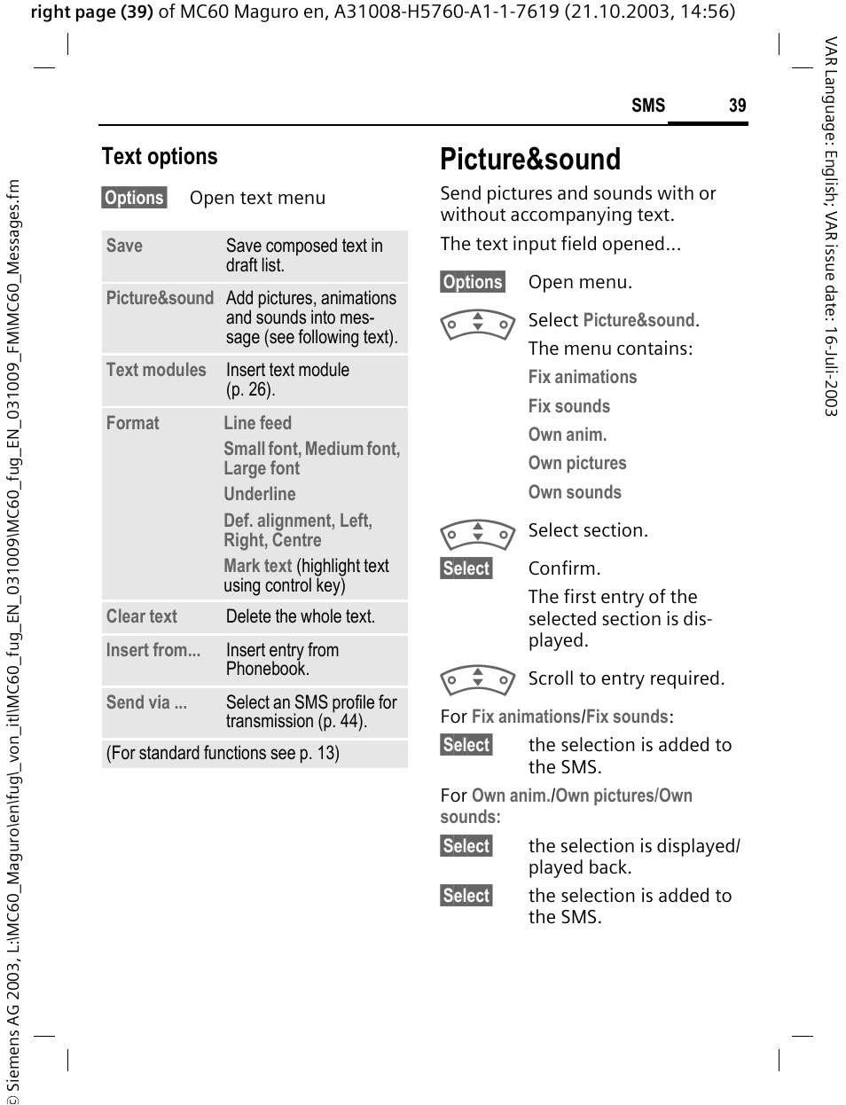 Picture&sound, P. 39, Text options | Siemens MC60 User Manual | Page 40 / 118