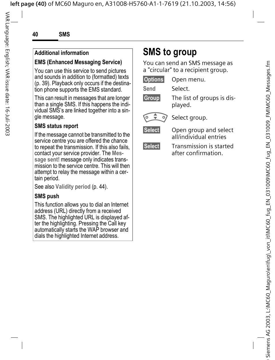 Sms to group, P(p. 40) | Siemens MC60 User Manual | Page 41 / 118