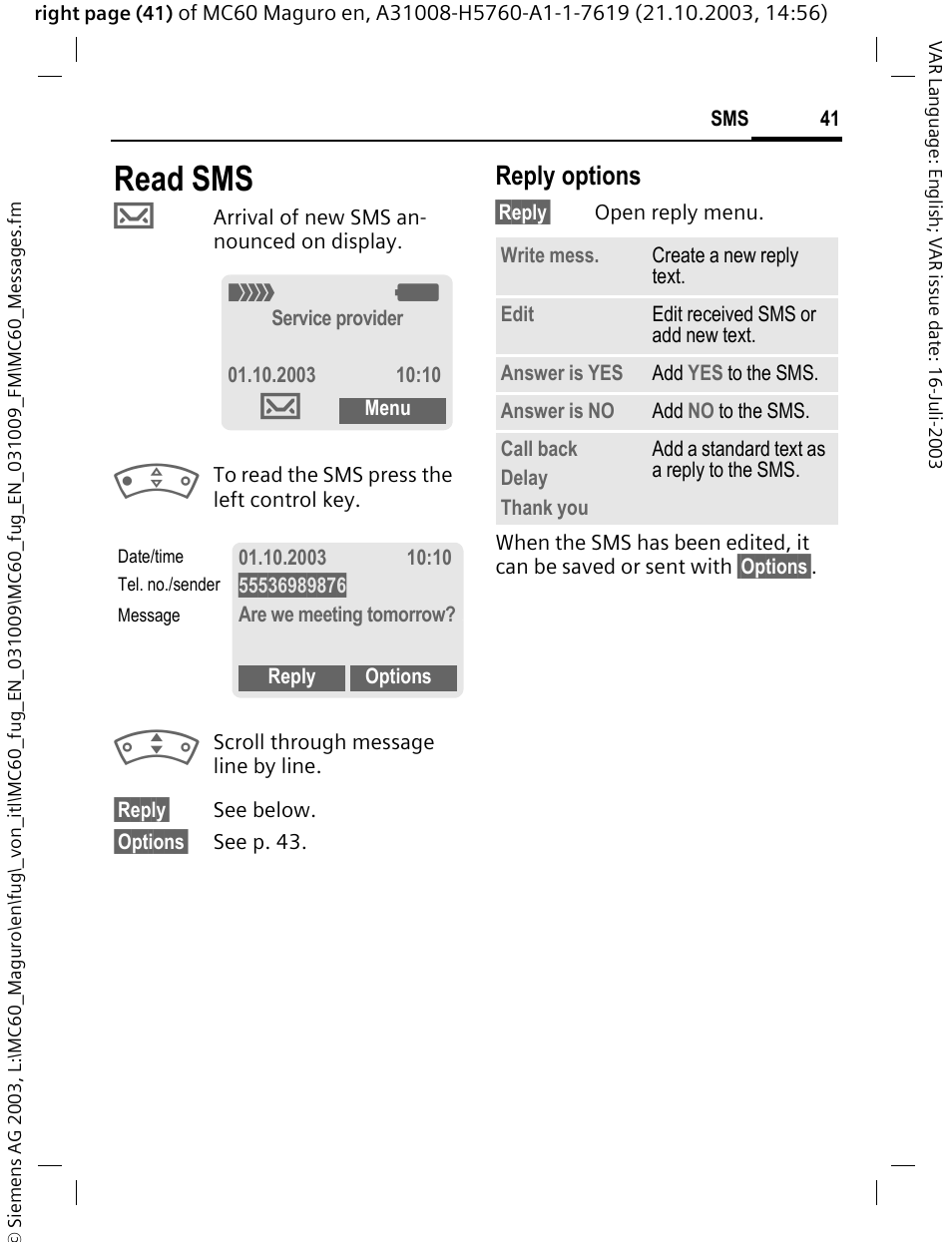 Read sms, Reply options | Siemens MC60 User Manual | Page 42 / 118