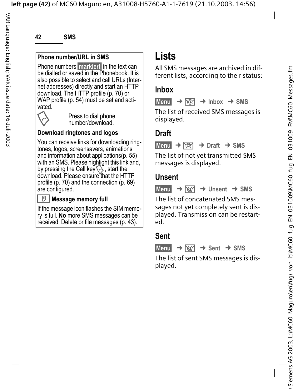 Lists, Inbox, Draft | Unsent, Sent | Siemens MC60 User Manual | Page 43 / 118