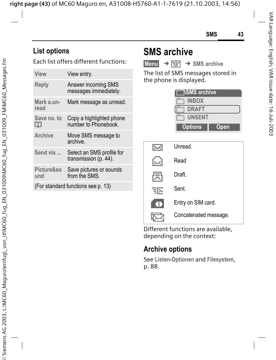 Sms archive, P. 43), List options | Archive options | Siemens MC60 User Manual | Page 44 / 118