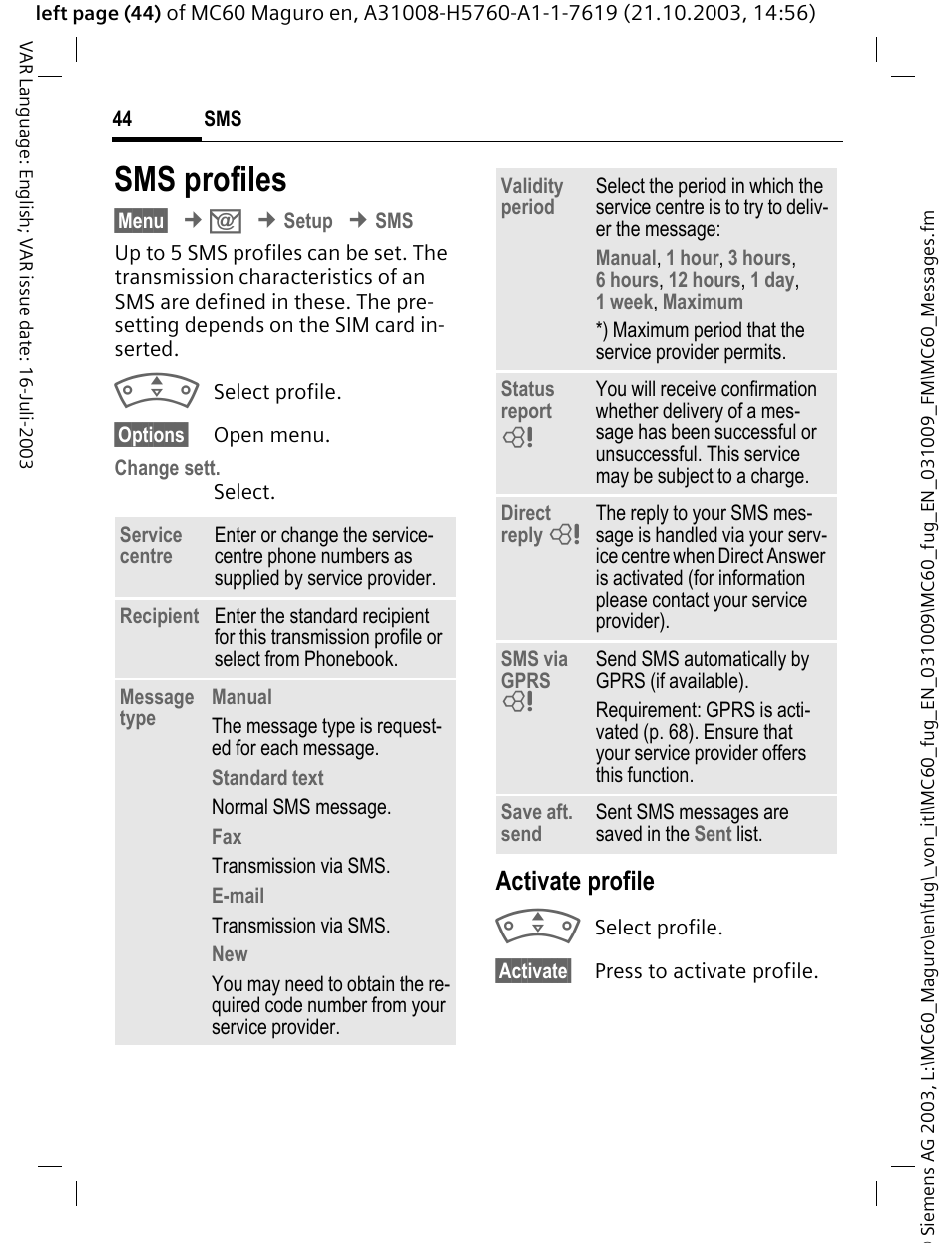 Sms profiles, P. 44), P. 44 | Activate profile | Siemens MC60 User Manual | Page 45 / 118