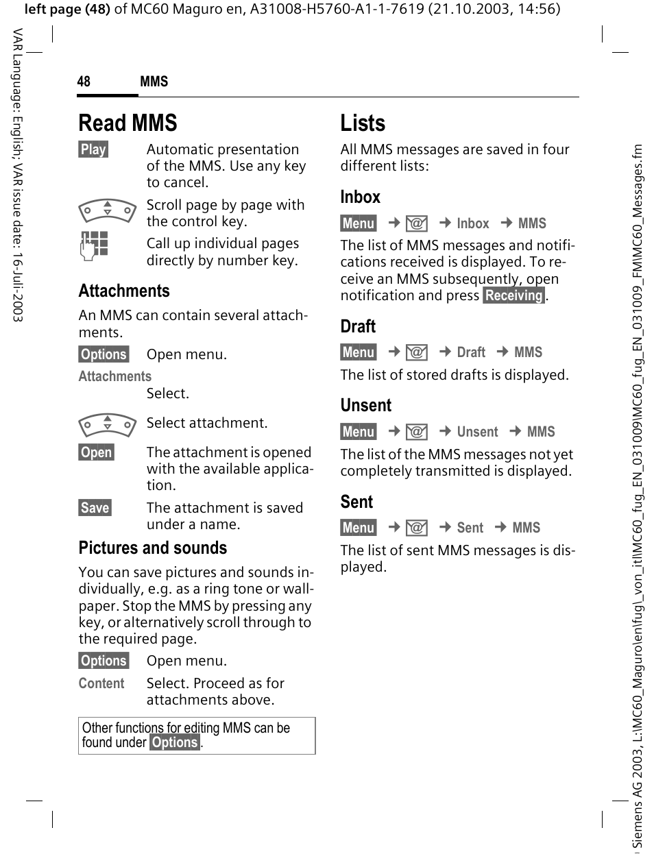 Read mms, Lists, Attachments | Pictures and sounds, Inbox, Draft, Unsent, Sent | Siemens MC60 User Manual | Page 49 / 118
