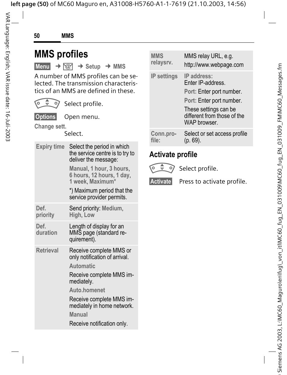 Mms profiles, E setting, (p. 50), Activate profile | Siemens MC60 User Manual | Page 51 / 118