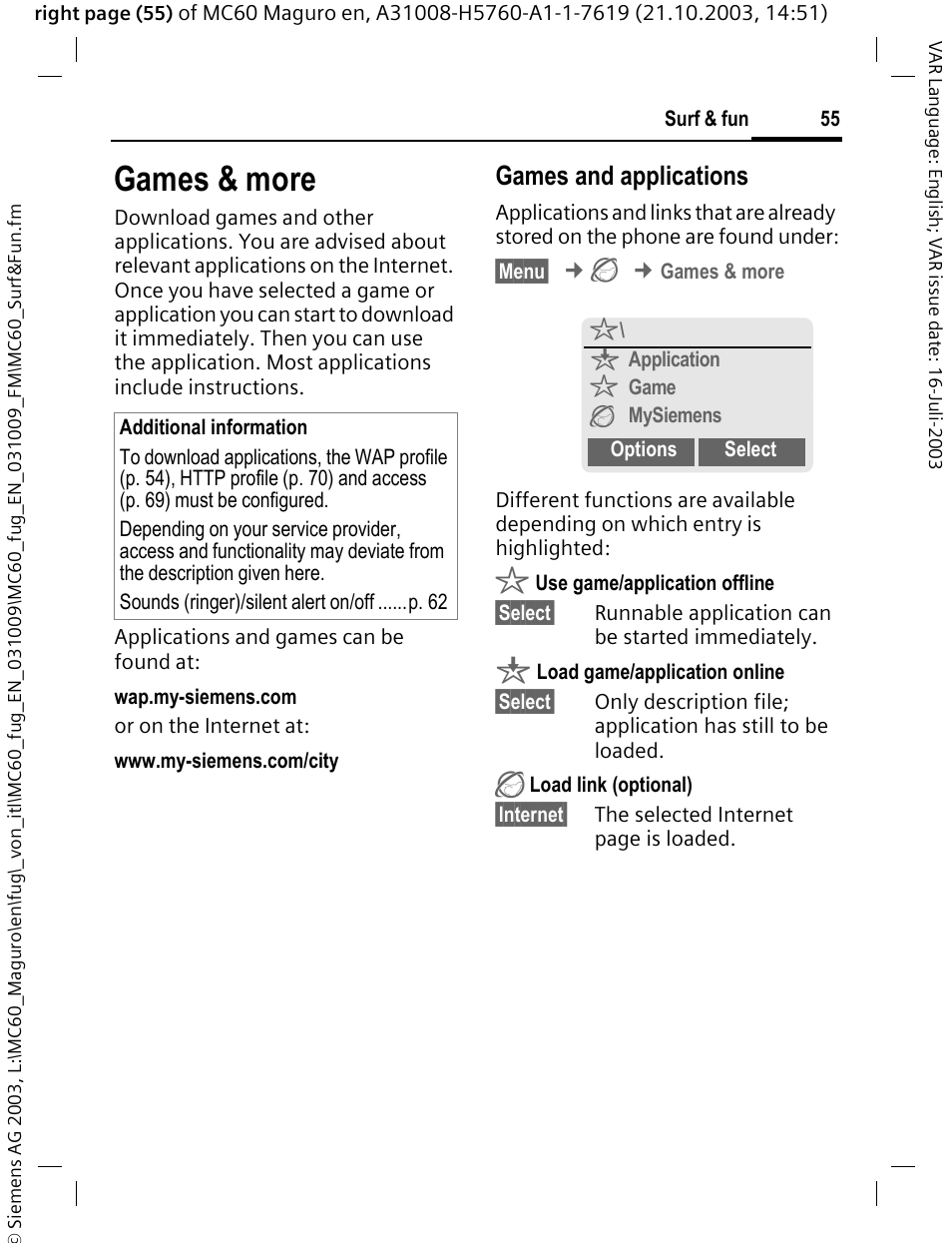Games & more, P. 55), Games and applications | Siemens MC60 User Manual | Page 56 / 118