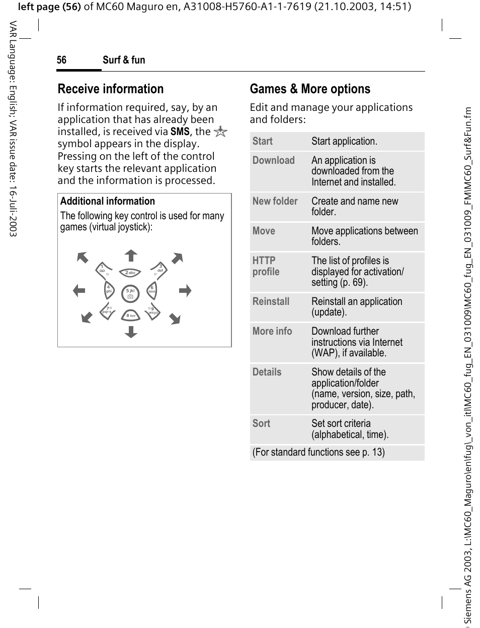 Et (p. 56), Receive information, Games & more options | Siemens MC60 User Manual | Page 57 / 118