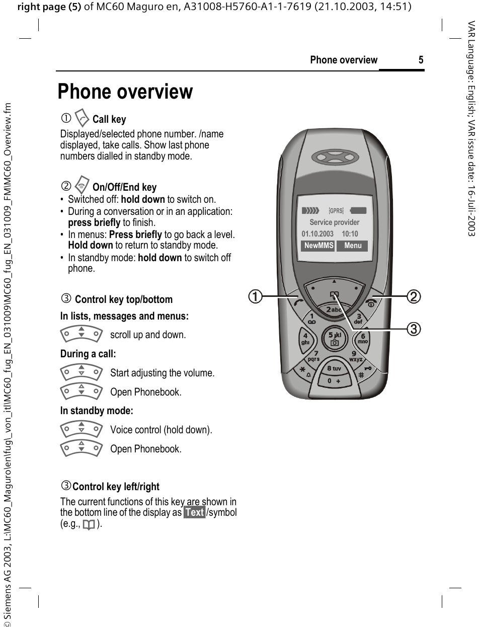 Phone overview | Siemens MC60 User Manual | Page 6 / 118