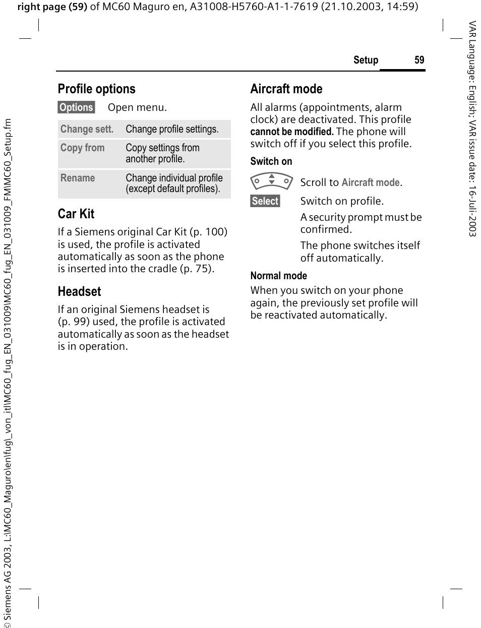 Profile options, Car kit, Headset | Aircraft mode | Siemens MC60 User Manual | Page 60 / 118