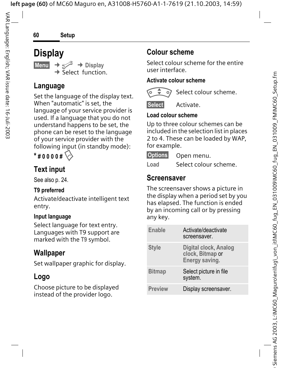 Display, Screensaver, P. 60 | E (p. 60), P. 60), Llpaper image (p. 60), Language, Text input, Wallpaper, Logo | Siemens MC60 User Manual | Page 61 / 118