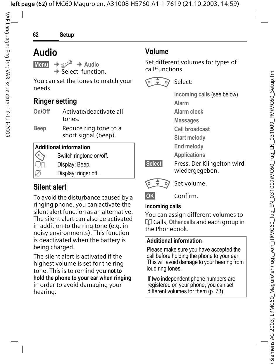Audio, P. 62, Ringer setting | P. 62 volume, P. 62 silent alert, Silent alert, Volume | Siemens MC60 User Manual | Page 63 / 118