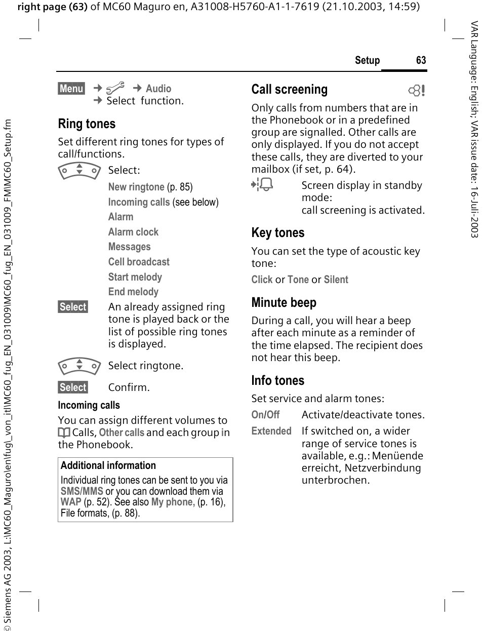 Al dates (p. 63), Call screening, P. 63 info tones | P. 63 key tones, P. 63, Ring tones, Call screening b, Key tones, Minute beep, Info tones | Siemens MC60 User Manual | Page 64 / 118