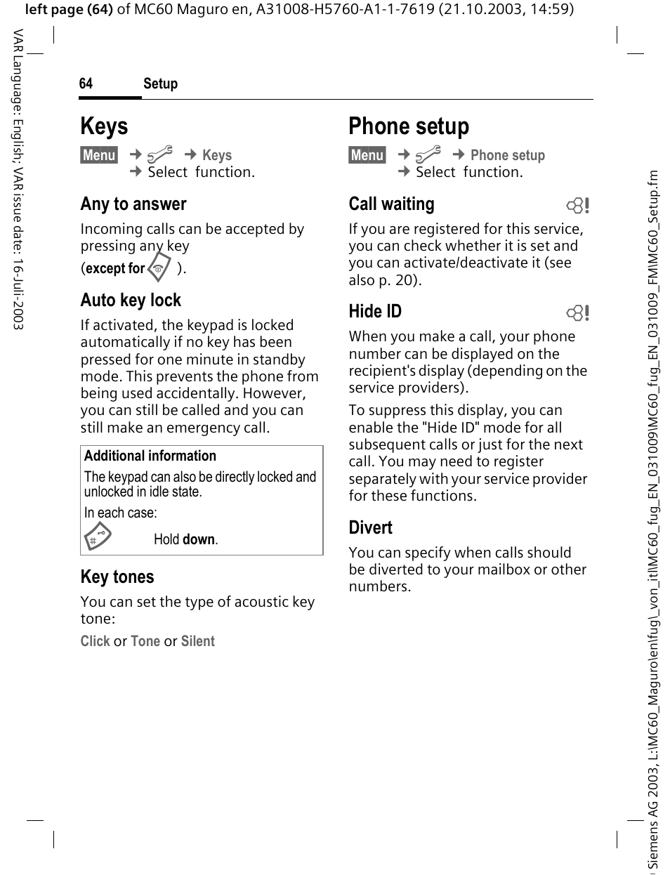 Keys, Phone setup, Keys phone setup | Auto key lock, P. 64, P. 64), Any to answer, Key tones, Call waiting b, Hide id b | Siemens MC60 User Manual | Page 65 / 118