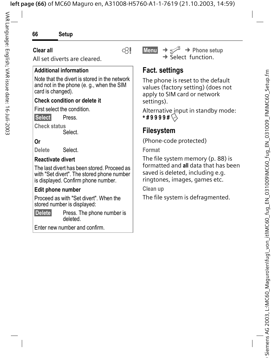 Fact. settings, Afilesystem | Siemens MC60 User Manual | Page 67 / 118