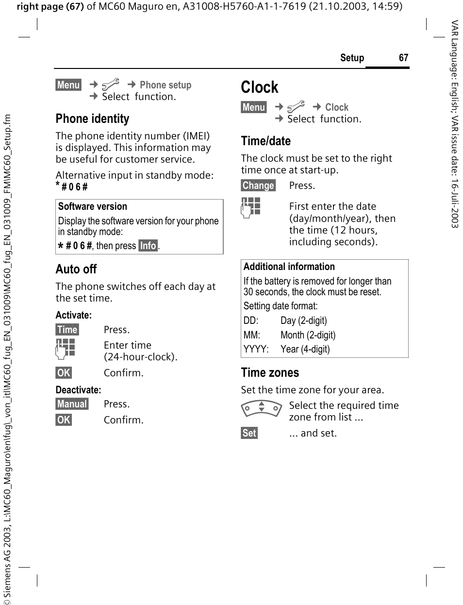 Clock, Phone identity, Auto off | Time/date, Time zones | Siemens MC60 User Manual | Page 68 / 118
