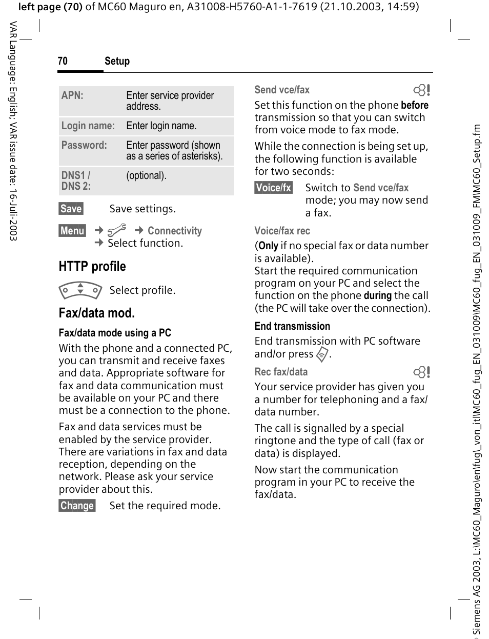 Ile (p. 70) o, P. 70), Ile (p. 70) | Fax/data mod | Siemens MC60 User Manual | Page 71 / 118