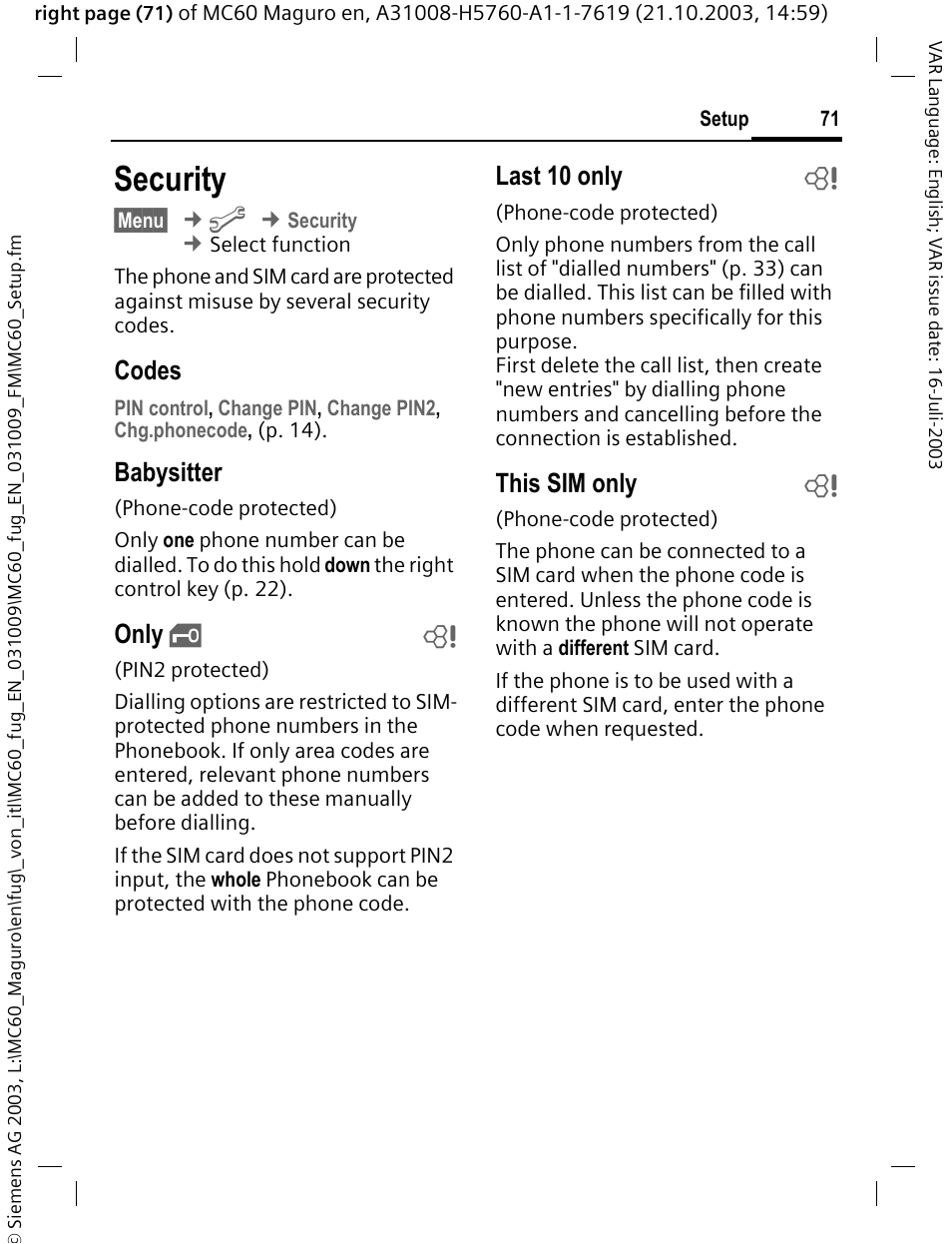 Security, P. 71, Codes | Babysitter, Only, Last 10 only b, This sim only b | Siemens MC60 User Manual | Page 72 / 118