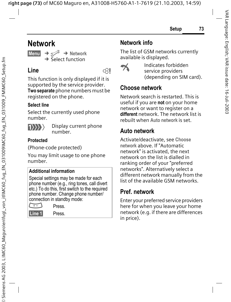 Network, Line b, Network info | Choose network, Auto network, Pref. network | Siemens MC60 User Manual | Page 74 / 118