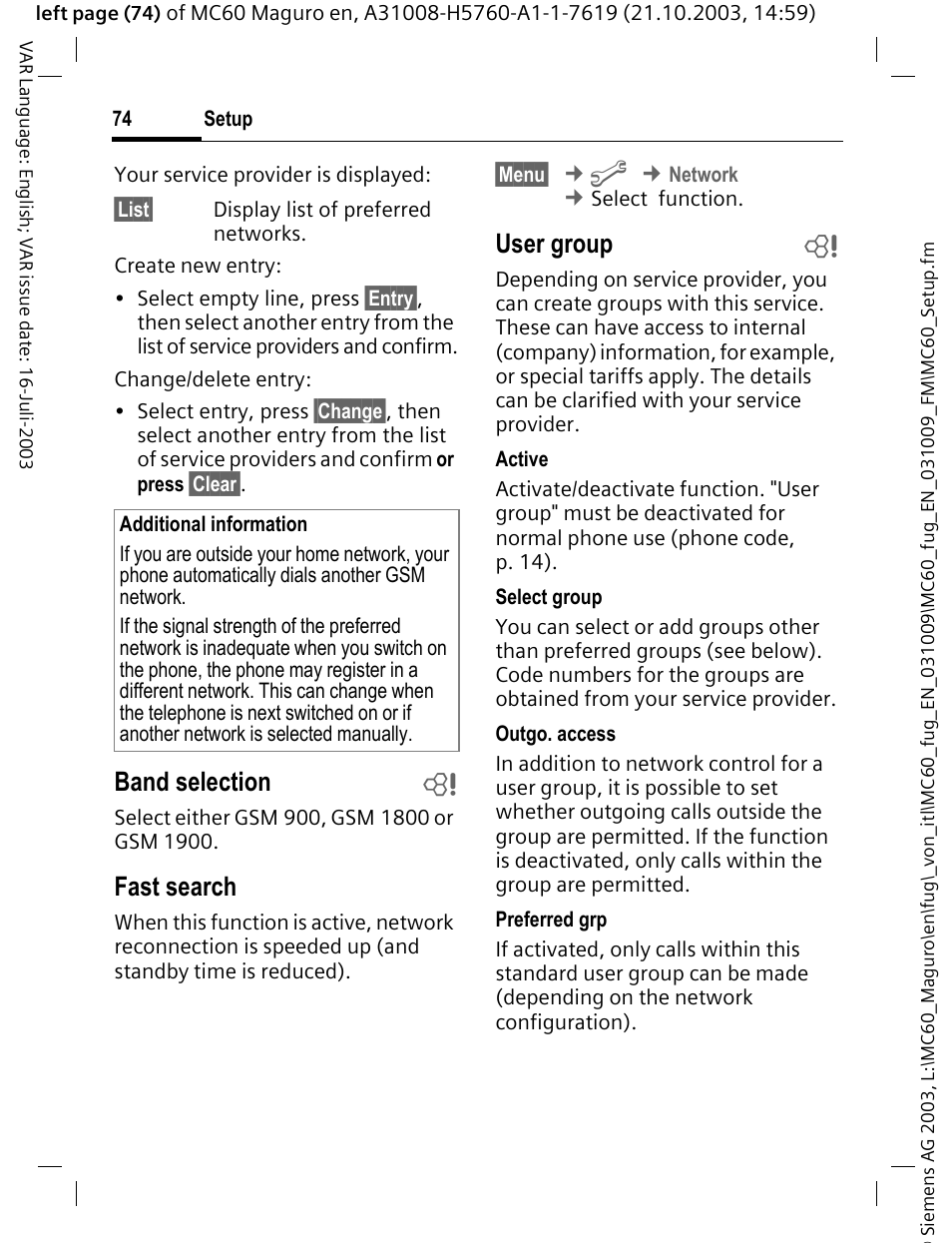 Band selection b, Fast search, User group b | Siemens MC60 User Manual | Page 75 / 118