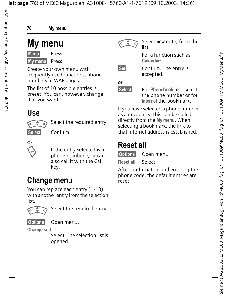 My menu, Change menu, Reset all | Siemens MC60 User Manual | Page 77 / 118