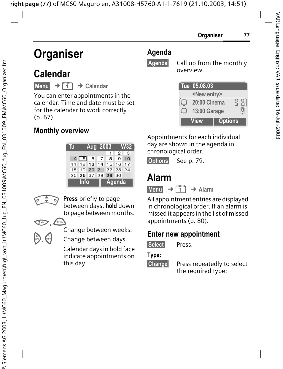 Organiser, Calendar, Alarm | Monthly overview, Agenda, Enter new appointment | Siemens MC60 User Manual | Page 78 / 118