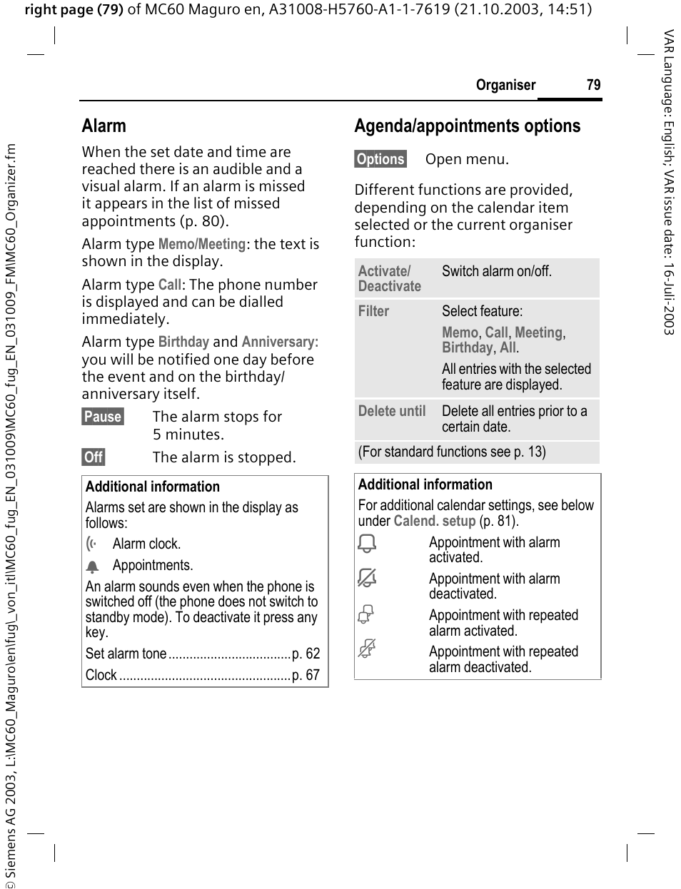Alarm, Agenda/appointments options | Siemens MC60 User Manual | Page 80 / 118