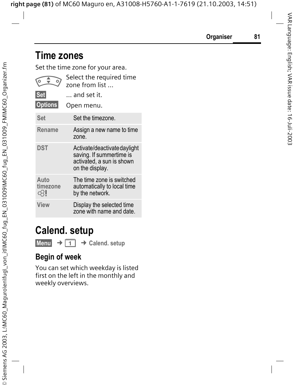 Time zones, P. 81), Calend. setup | Begin of week | Siemens MC60 User Manual | Page 82 / 118