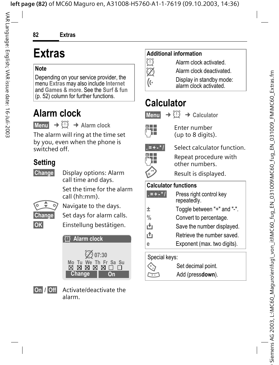 Extras, Alarm clock, Calculator | Setting | Siemens MC60 User Manual | Page 83 / 118