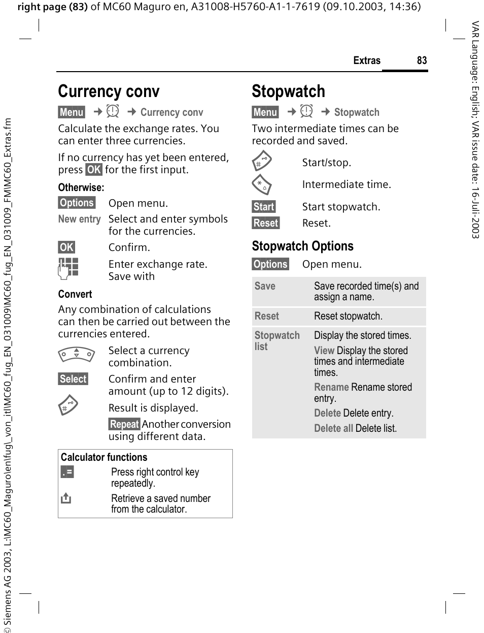 Currency conv, Stopwatch, Currency conv stopwatch | Stopwatch options | Siemens MC60 User Manual | Page 84 / 118