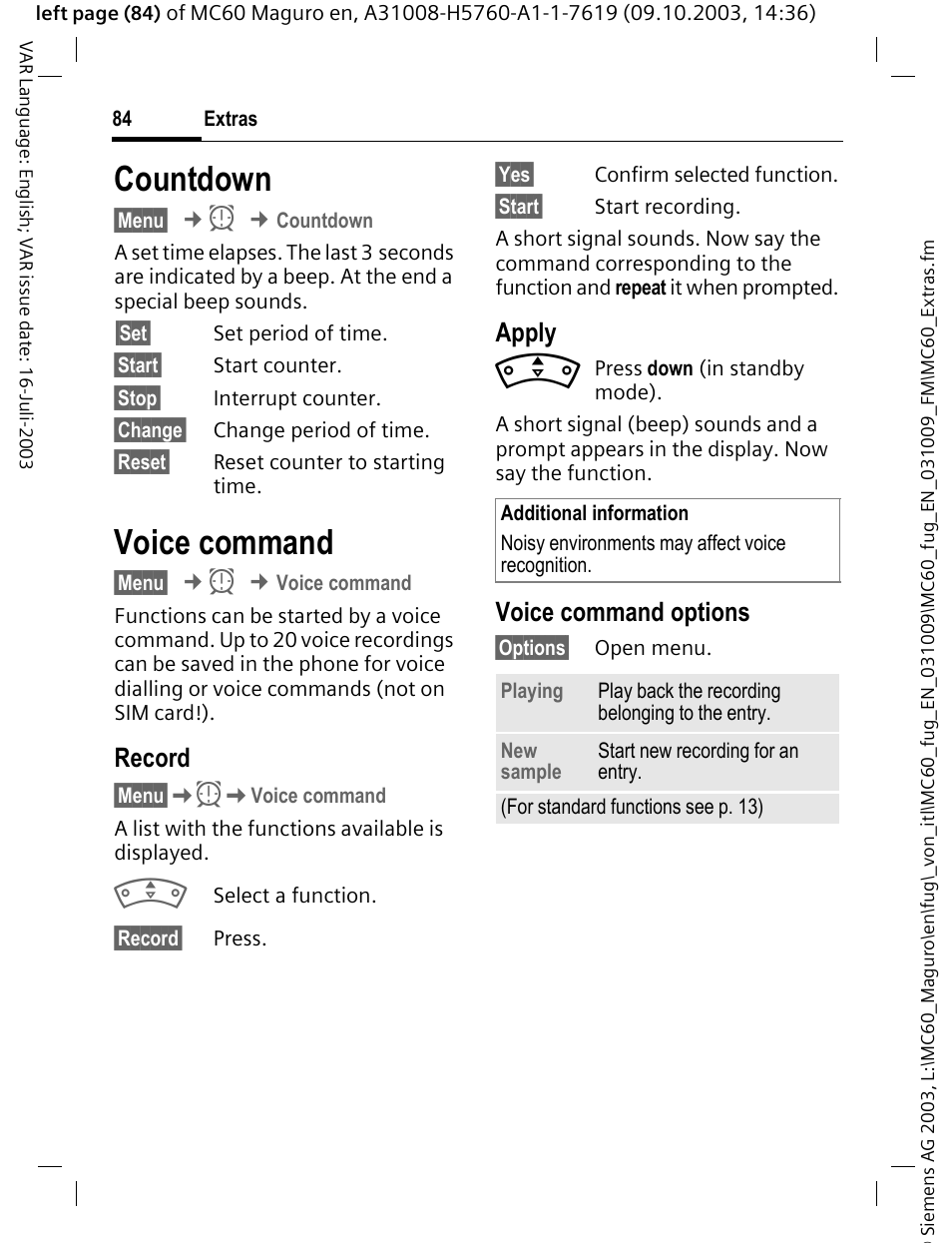Countdown, Voice command, Countdown voice command | Record, Apply, Voice command options | Siemens MC60 User Manual | Page 85 / 118