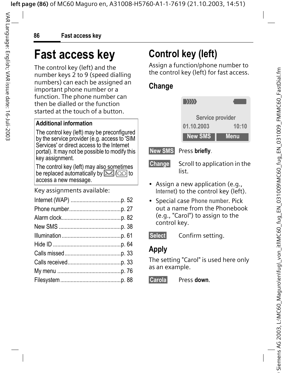 Fast access key, Control key (left), Change | Apply | Siemens MC60 User Manual | Page 87 / 118